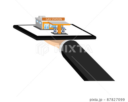 Businessman hold tablet with Gas station building, vector illustration 87827099