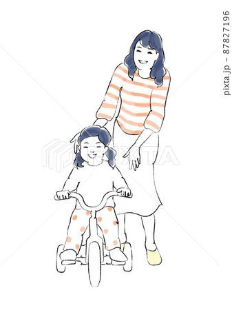 三輪車に乗る女の子とつきそうお母さん　手描き風線画 87827196