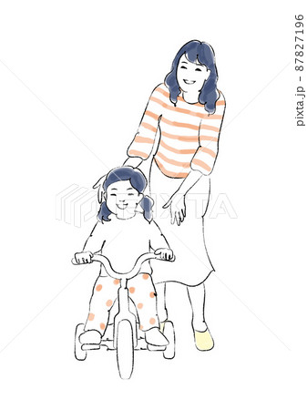 三輪車に乗る女の子とつきそうお母さん 手描き風線画 三輪車に乗る女の子とつきそうお母さん 手描き風線画 87827196