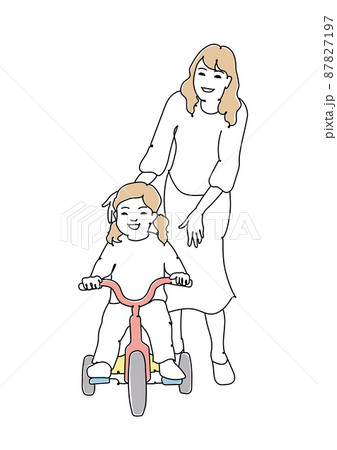 三輪車に乗る女の子とつきそうお母さん　線画 87827197