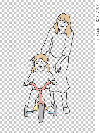 三輪車に乗る女の子とつきそうお母さん 線画 三輪車に乗る女の子とつきそうお母さん 線画 87827197