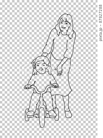 Monochrome line drawing of a girl riding a tricycle and a mother who seems to be attached 87827288