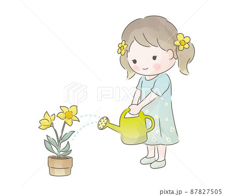花に水をあげる女の子の水彩風イラストのイラスト素材