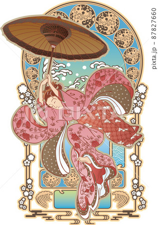 浮世絵 傘で飛ぶ和服美人 和風ゴシックバージョン 浮世絵 傘で飛ぶ和服美人 和風ゴシックバージョン 87827660