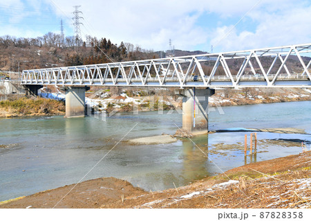 立ヶ花橋／千曲川付近より長野市方面を望む(長野県中野市)【2022.3】 87828358