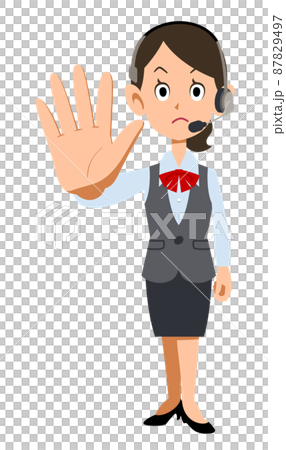 ヘッドセットを装着した制服着用の女性会社員が制止する 87829497