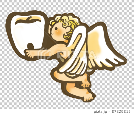 歯医者さん向き　手描き ふんわりイラスト　両手できれいな歯を抱えるかわいい天使左向き　 87829813