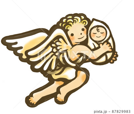 産婦人科さんに保育園に小児科に　手描き 　赤ちゃんを抱えるかわいい天使右向き　 87829983