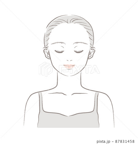 イラスト素材 女性の顔 正面 目を瞑る まとめ髪 上半身 やさしい色合いの上品な手描きタッチのイラスト素材