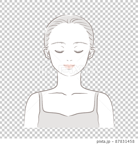 イラスト素材 女性の顔 正面 目を瞑る まとめ髪 上半身 やさしい色合いの上品な手描きタッチのイラスト素材