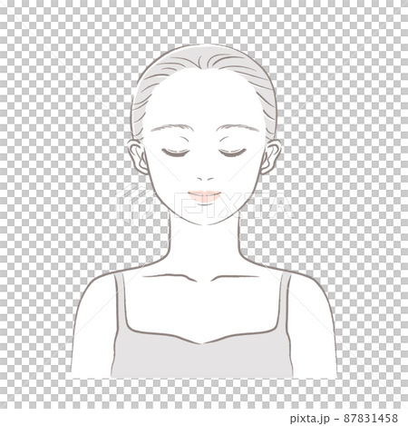 イラスト素材 女性の顔 正面 目を瞑る まとめ髪 上半身 やさしい色合いの上品な手描きタッチのイラスト素材
