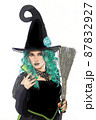 Witch With Green Hair and Broom on White Background 87832927