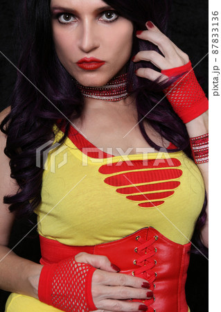 Vintage Style Fashion, Red Fishnet Glove with red corset belt 87833136
