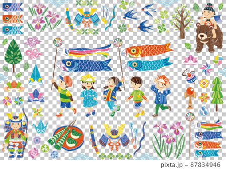 May Children's Day Illustration material set for children running with carp streamers and smiles 87834946