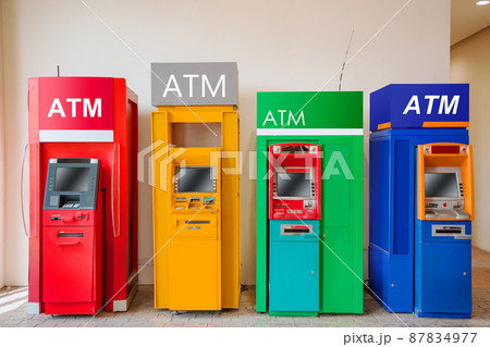 ATM machine banking cash money withdraw service at public place multiple bank. 87834977