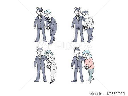 警察に連行されていく人々のセット　コミカルな手書きの人物　ベクター、線画にシンプルな色つけ　 87835766