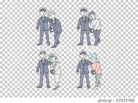 警察に連行されていく人々のセット　コミカルな手書きの人物　ベクター、線画にシンプルな色つけ　 87835766