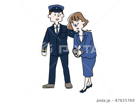警察に連行されていく女性 コミカルな手書きの人物 ベクター 線画にシンプルな色つけ のイラスト素材
