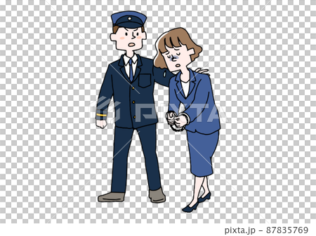 警察に連行されていく女性　コミカルな手書きの人物　ベクター、線画にシンプルな色つけ　 87835769