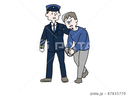 警察に連行されていく男性　コミカルな手書きの人物　ベクター、線画にシンプルな色つけ　 87835770