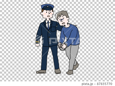 警察に連行されていく男性　コミカルな手書きの人物　ベクター、線画にシンプルな色つけ　 87835770