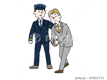 警察に連行されていく男性 コミカルな手書きの人物 ベクター、線画にシンプルな色つけ 警察に連行されていく男性 コミカルな手書きの人物 ベクター、線画にシンプルな色つけ 87835771