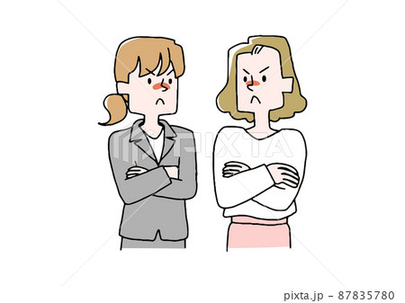 睨み合っている女性 コミカルな手書きの人物 ベクター 線画にシンプルな色つけ のイラスト素材