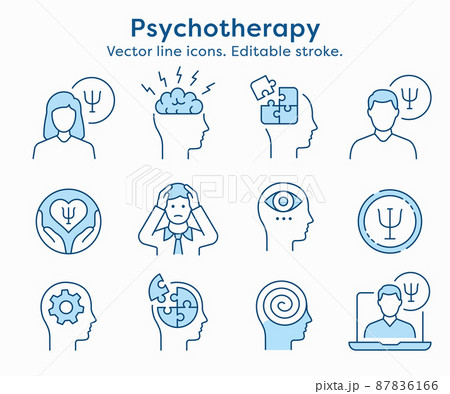 Psychology icon set. Collection of conflict, brain, emotion, profile and more. Vector illustration. Editable Stroke. 87836166