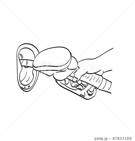 line art hand holding a fuel nozzle illustration vector hand drawn isolated on white background 87837169