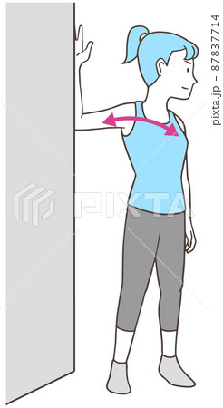 壁を使って大胸筋のストレッチをする女性、シンプルな色 87837714