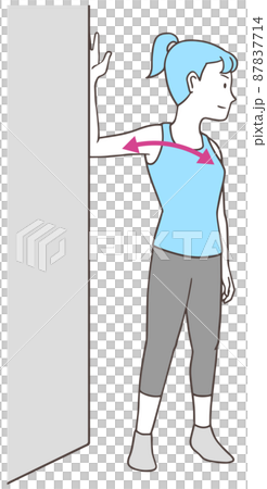 壁を使って大胸筋のストレッチをする女性、シンプルな色 87837714