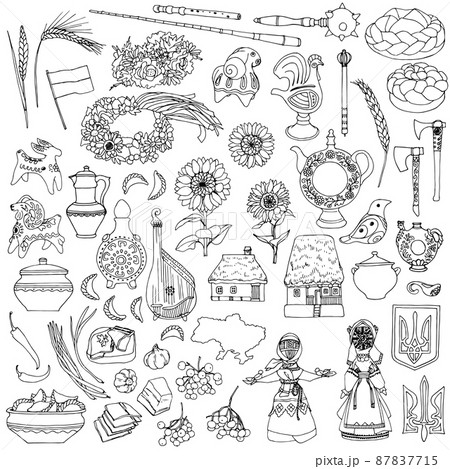 Many drawings on a white background. Ukrainian symbols, food, huts, musical instruments, utensils, weapons, toys, amulets drawn linearly.	 87837715