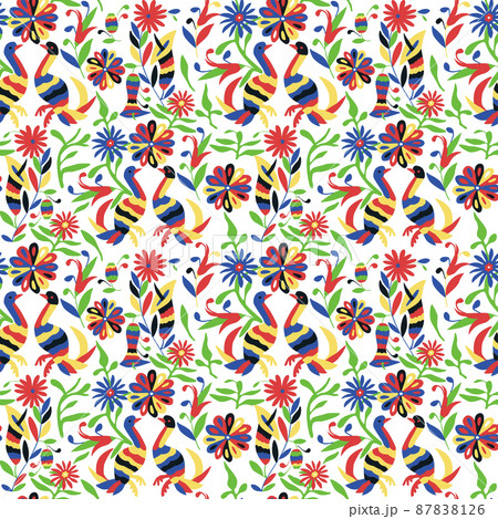 Seamless pattern in Mexican Otomi embroidery style. Bright flowers and birds on a white background. Seamless pattern in Mexican Otomi embroidery style. Bright flowers and birds on a white background. 87838126