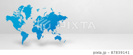 Blue world map on white wall background. 3D illustration. Horizontal banner Blue world map on white wall background. 3D illustration. Horizontal banner 87839141