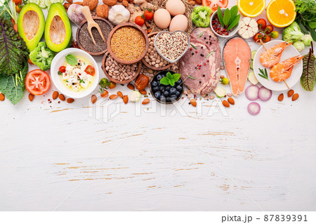 Ketogenic low carbs diet concept. Ingredients for healthy foods selection set up on white wooden background. 87839391