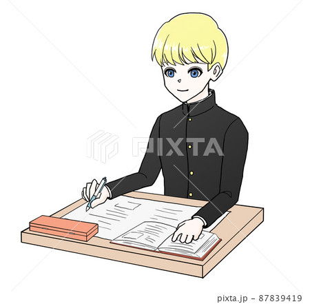 机に向かって勉強する学生のイラスト(男3)(学ラン) 机に向かって勉強する学生のイラスト(男3)(学ラン) 87839419