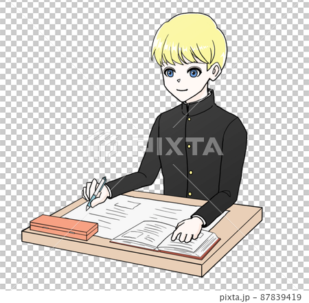 机に向かって勉強する学生のイラスト(男3)(学ラン) 机に向かって勉強する学生のイラスト(男3)(学ラン) 87839419