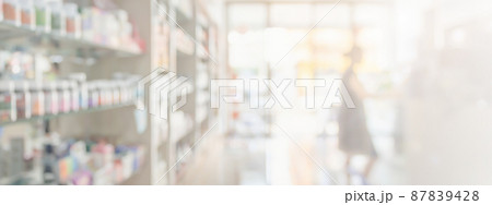 Pharmacy drugstore shelves interior blur medical background Pharmacy drugstore shelves interior blur medical background 87839428