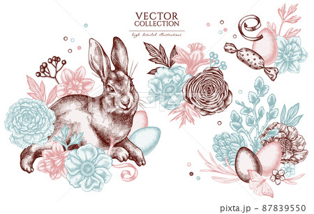 Easter vintage illustrations collection. Hand drawn logo designs with rabbit, eggs, willow branches 87839550
