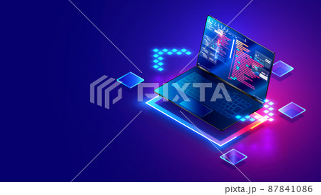 Software development. Programming, coding and software testing on laptop. Laptop hanging over table with program code on the screen. Digital Computer technology isometric background concept. Software development. Programming, coding and software testing on laptop. Laptop hanging over table with program code on the screen. Digital Computer technology isometric background concept. 87841086