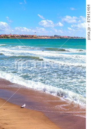Sandy beach on spit, Pomorie and Aheloy, Bulgaria 87841464
