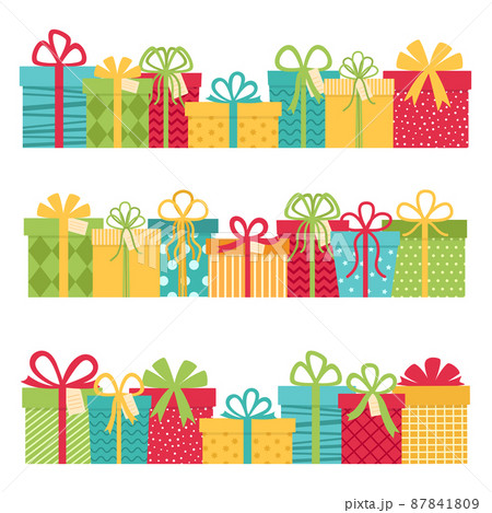 Set of rows of colorful gift boxes. Gifts for holidays. Vector illustration Set of rows of colorful gift boxes. Gifts for holidays. Vector illustration 87841809