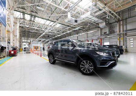 Modern car assembly plant. Auto industry. Interior of a high-tech factory, modern production of 87842011