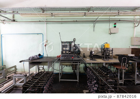 Assembly production. Engine factory. Plant concept and interior. Industrial scenery background Assembly production. Engine factory. Plant concept and interior. Industrial scenery background 87842016