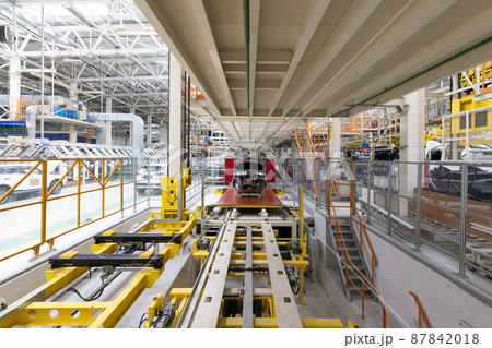 Photo of automobile production line. Welding car body. Modern car assembly plant. Auto industry 87842018