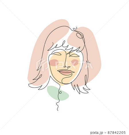 Female face single line drawing and pastel abstract shapes composition Female face single line drawing and pastel abstract shapes composition 87842205