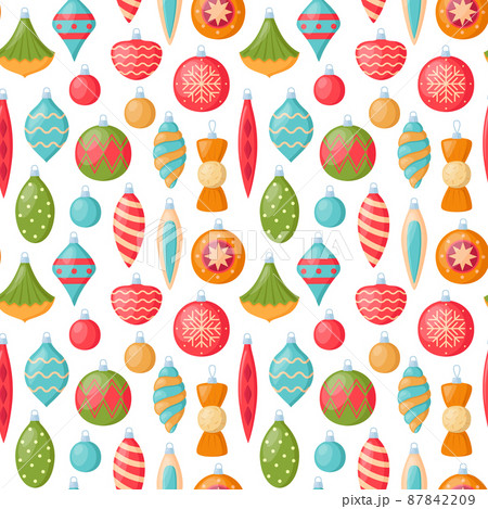 Bright seamless pattern with christmas tree decorations, vector illustration 87842209