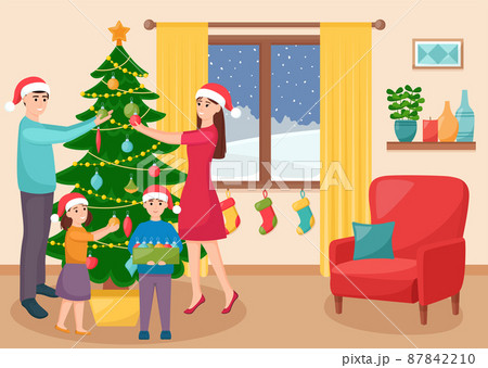 Happy family decorates Christmas tree in living room. Mother, father, daughter and son decorating Christmas tree, vector illustration 87842210