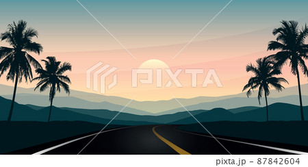 summer paradise road trip at sunset on tropical palm landscape 87842604