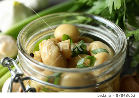Glass jar of marinated mushrooms, close up 87843652